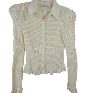 Stockholm Atelier Women's 4 Cream White Ruffled Long Sleeve Smocked Linen Top